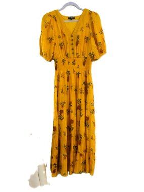 JGee Ladies Dress M Floral Yellow Buttoned Bodice Puff Sleeves Stretch Waist